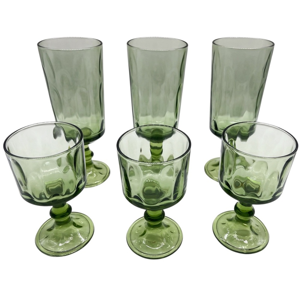 Vintage 6 Hazel Atlas Lyric Green Avocado water goblet glasses MCM Mid Century